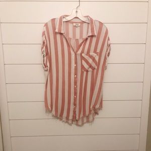 Striped Red Distressed Button Up